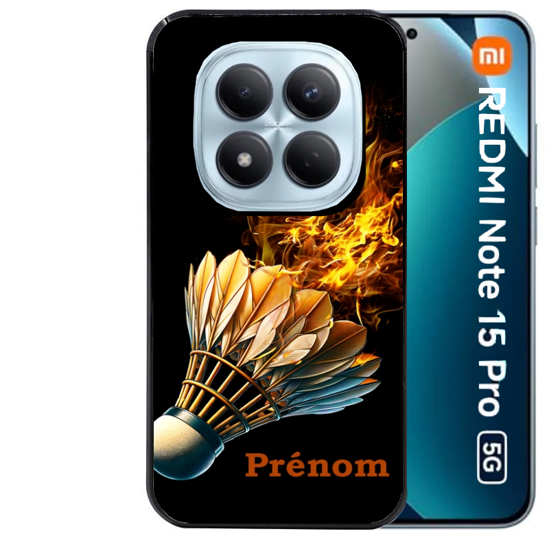 Coque noire taperso pour Redmi Note 15 et PRO PLUS 4G 5G avec motif badminton flamme personnalise protection antichoc personnalisée