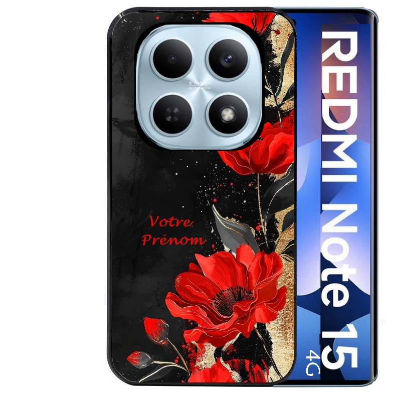 Coque noire taperso pour Redmi Note 15 et PRO PLUS 4G 5G avec motif fleur rouge avec prenom protection antichoc personnalisée