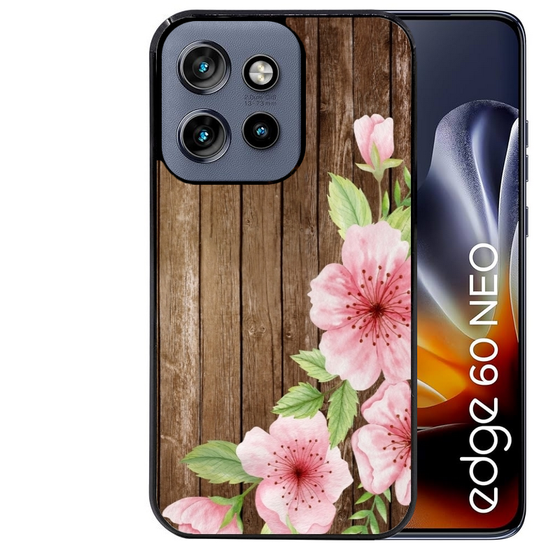 Coque noire taperso pour Moto Edge 60 et Neo Fusion Pro avec motif bois avec fleur rose protection antichoc personnalisée