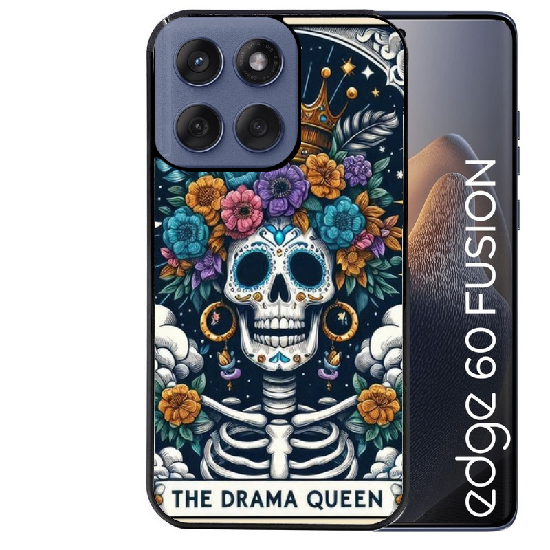 Coque noire taperso pour Moto Edge 60 et Neo Fusion Pro avec motif tete de mort drama queen protection antichoc personnalisée