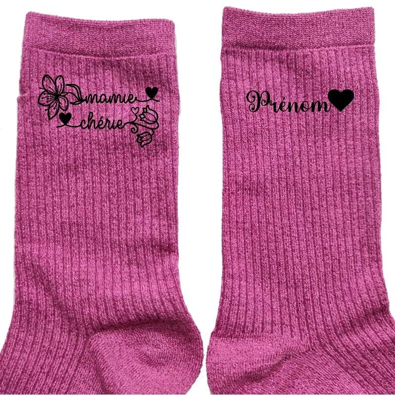 Chaussettes personnalisée paillettes rose motif mamie chérie