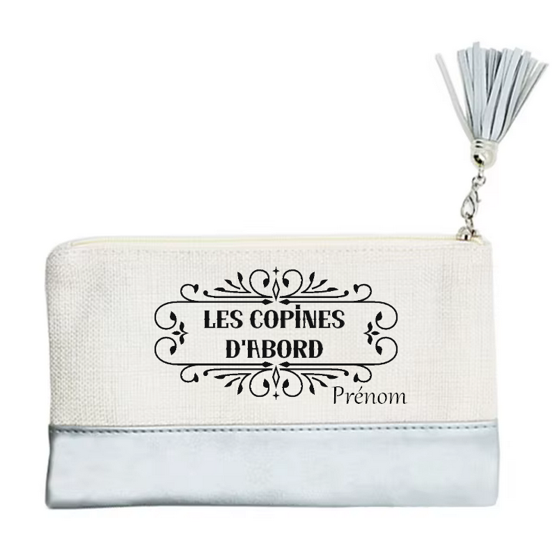 Pochette personnalisée motif copine d'abord en toile et simili cuir personnalisée