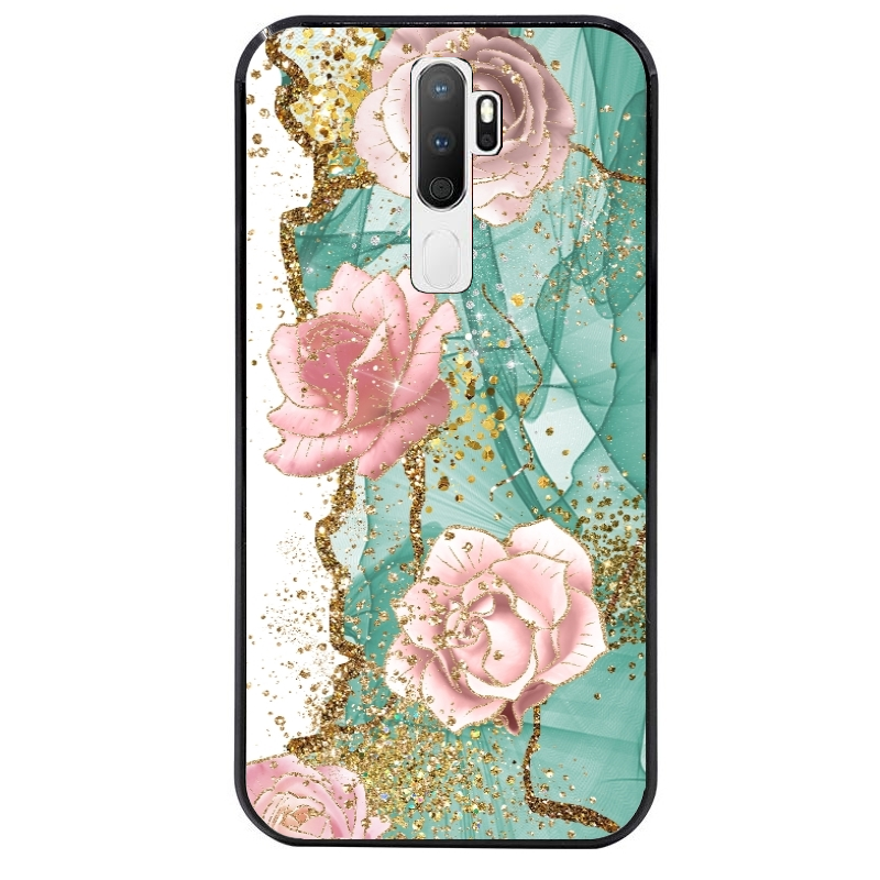 Coque noire taperso pour OPPO A5 A9 2020 avec motif marbre fleur turquoise protection antichoc personnalisée