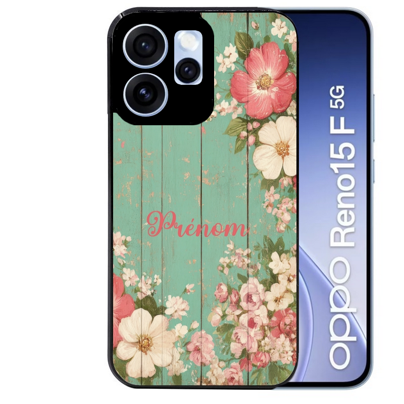 Coque noire taperso pour OPPO Reno 15 et F FS 5G avec motif bois et fleur avec votre prenom protection antichoc personnalisée