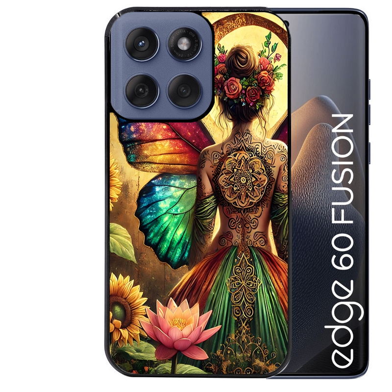 Coque noire taperso pour Moto Edge 60 et Neo Fusion Pro avec motif fee et fleurs protection antichoc personnalisée