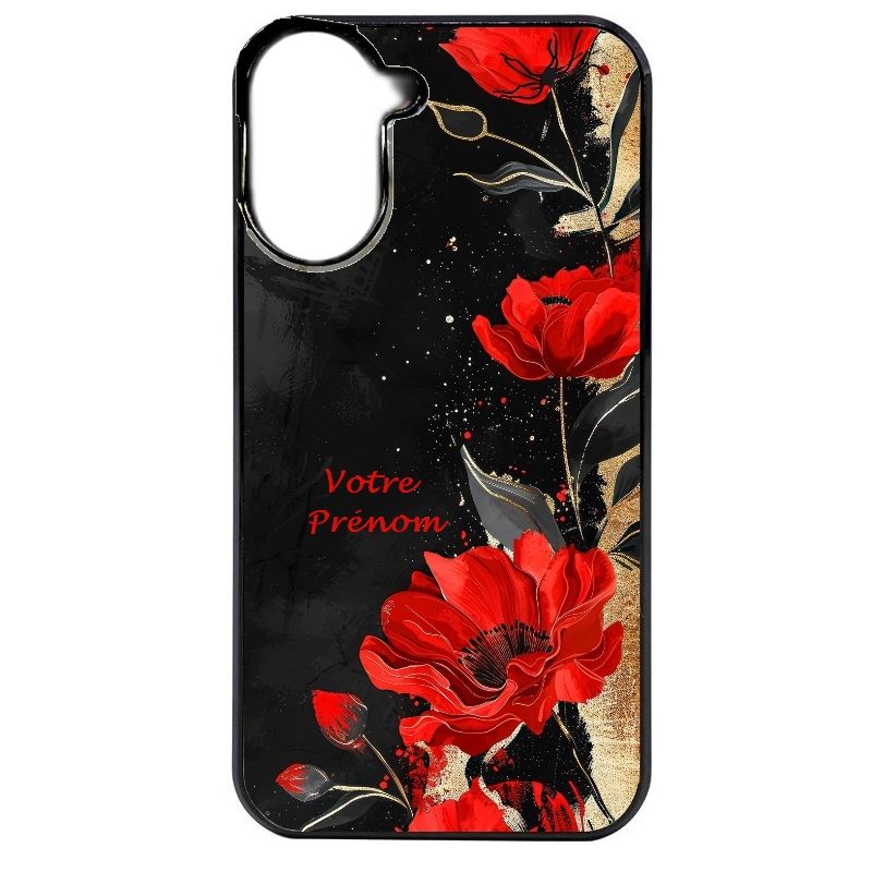 Coque noire taperso pour Redmi A5 4G avec motif fleur rouge avec prenom protection antichoc personnalisée