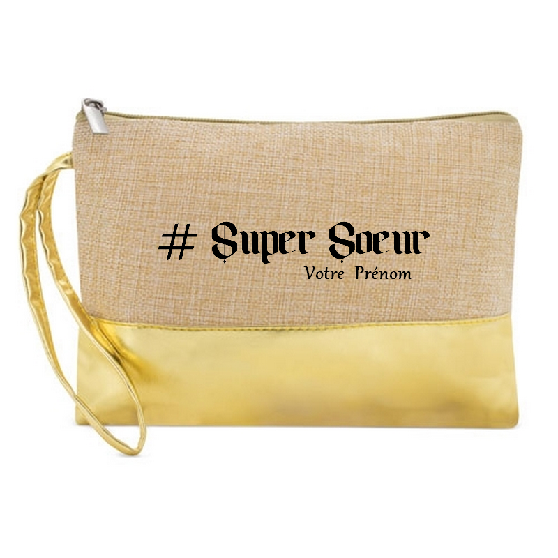 Pochette personnalisée super soeur en jute et doré en jute et doré