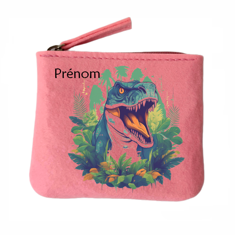 Porte monnaie personnalisé dino jungle en feutrine en feutrine