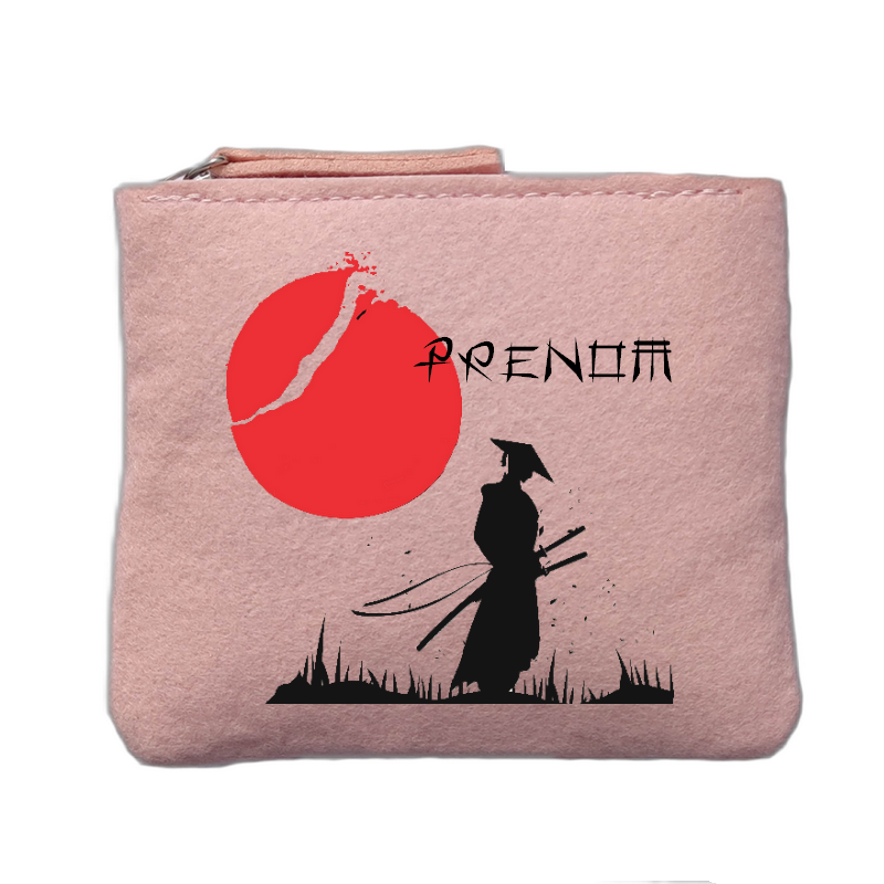 Porte monnaie personnalisé motif samourai lune rose clair en feutrine en feutrine