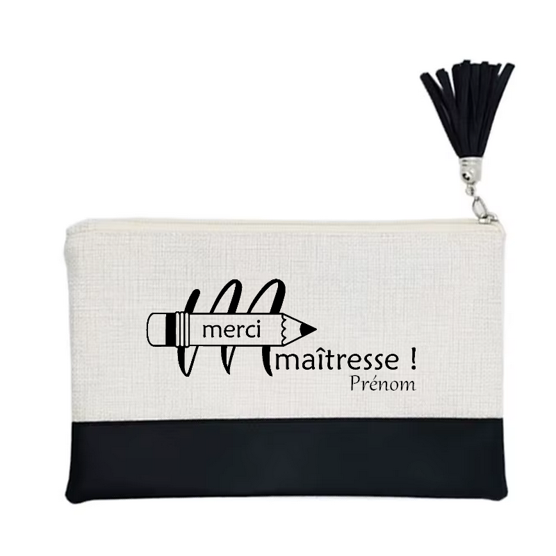 Pochette personnalisée motif maitresse merci crayon en toile et simili cuir personnalisée