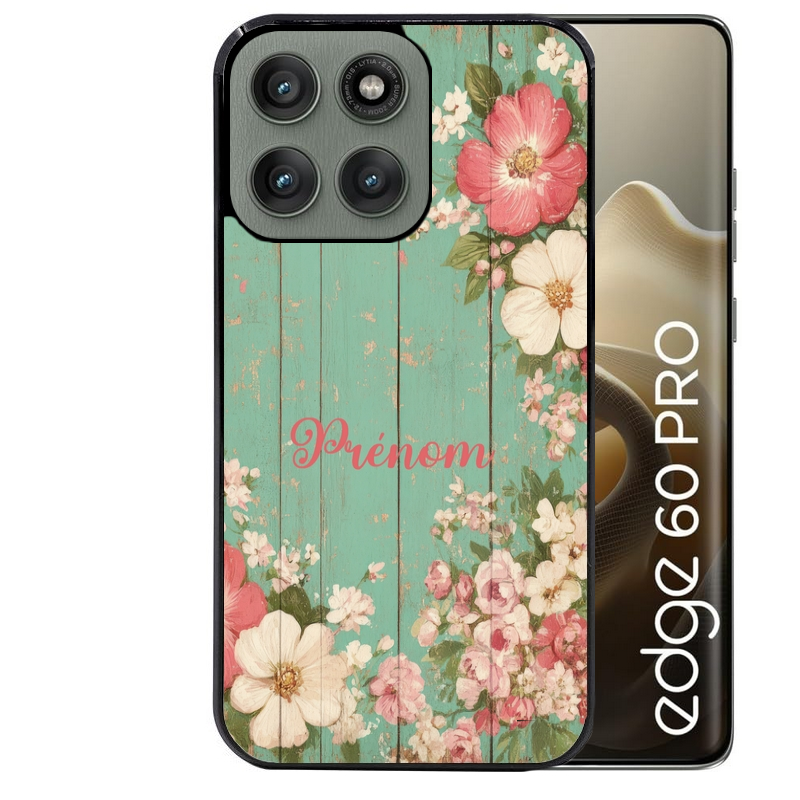 Coque noire taperso pour Moto Edge 60 et Neo Fusion Pro avec motif bois et fleur avec votre prenom protection antichoc personnalisée
