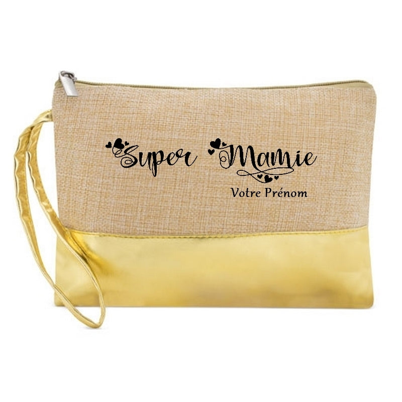 Pochette personnalisée super mamie en jute et doré en jute et doré