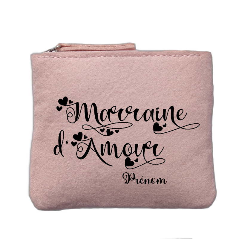Porte monnaie personnalisé motif marraine d'amour rose clair en feutrine en feutrine
