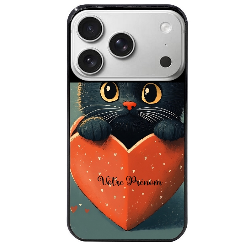 Coque noire taperso pour Iphone 17 17E AIR MAX PRO avec motif chat et coeur avec prenom protection antichoc personnalisée