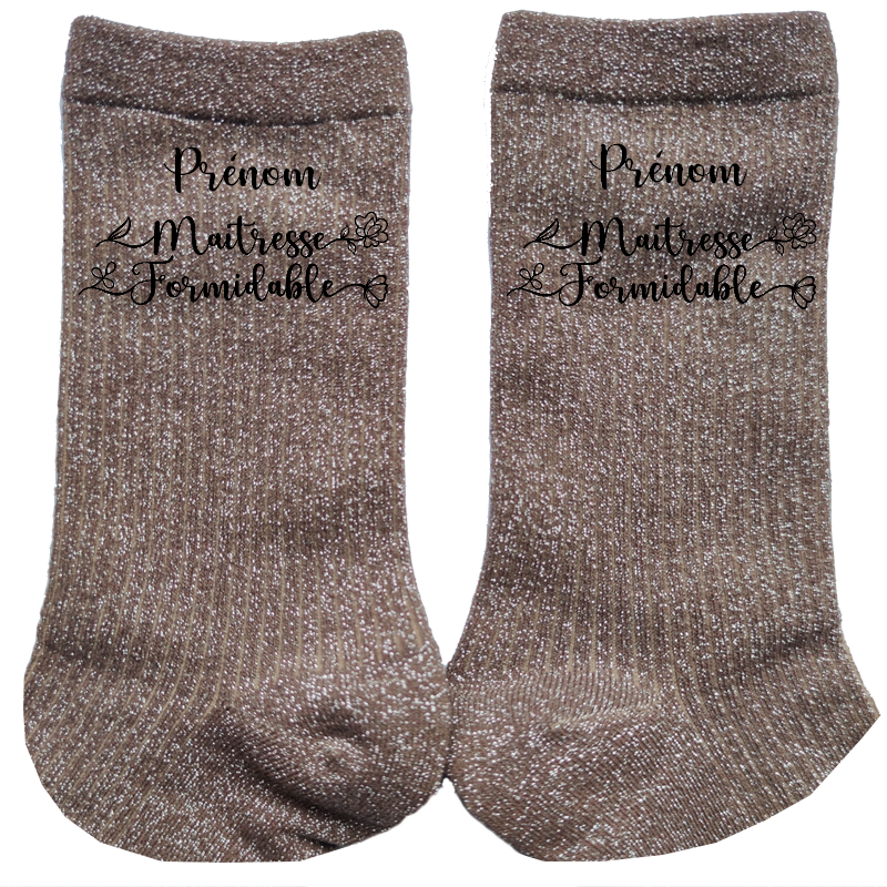 Chaussettes personnalisée paillettes bronze motif maitresse formidable