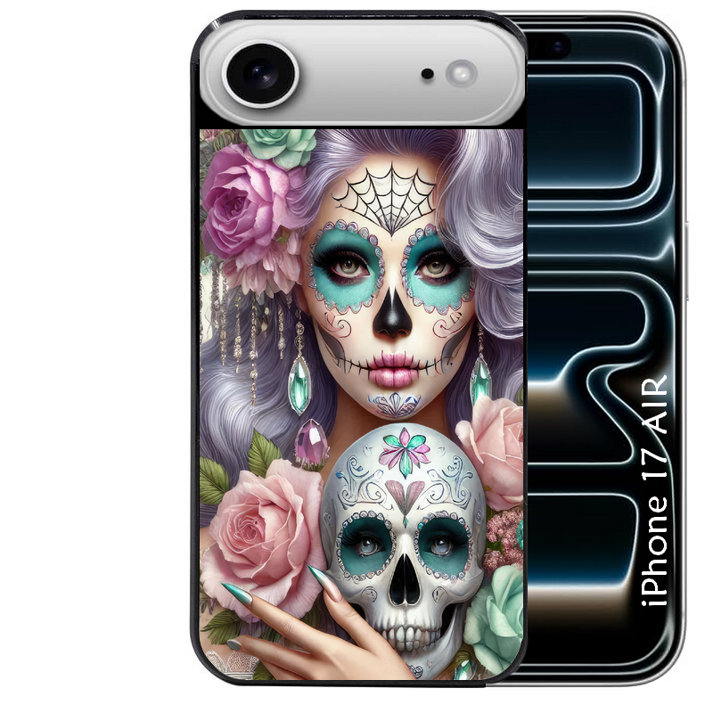 Coque noire taperso pour Iphone 17 17E AIR MAX PRO avec motif tete de mort calavera bijoux protection antichoc personnalisée
