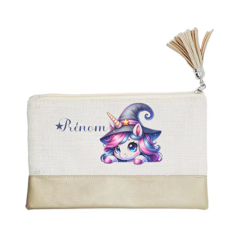 Pochette personnalisée motif licorne magic en toile et simili cuir personnalisée