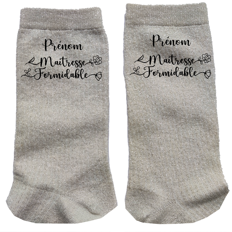 Chaussettes personnalisée paillettes crème motif maitresse formidable