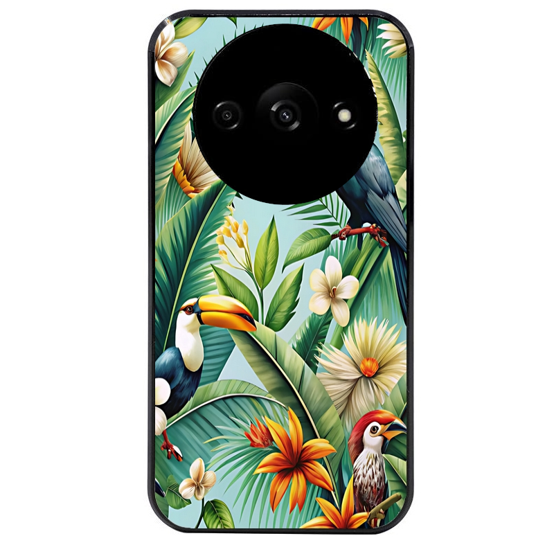 Coque noire taperso pour Redmi A3 avec motif perroquet tropical protection antichoc personnalisée