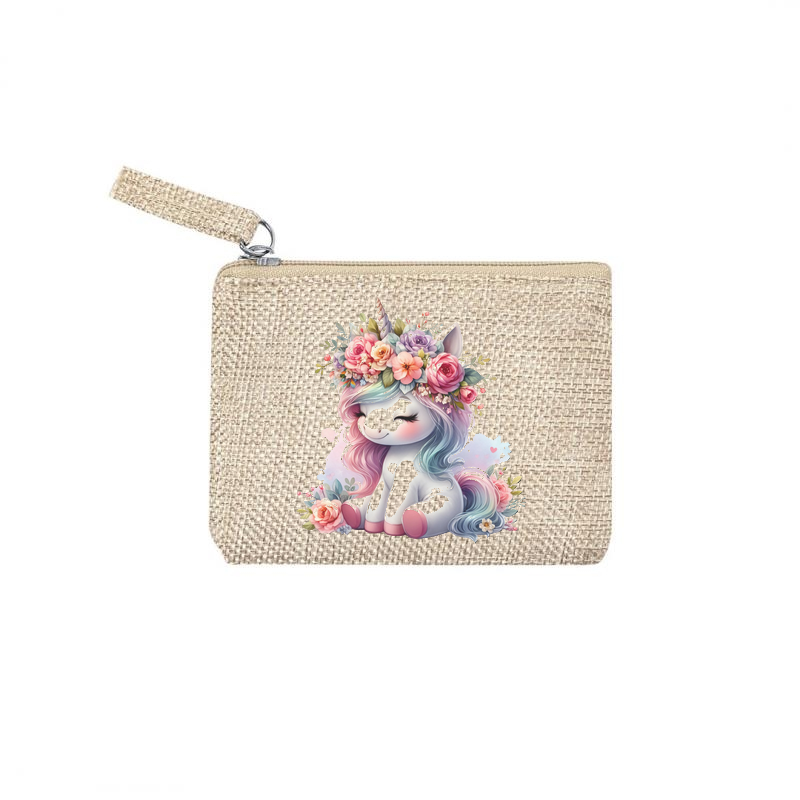 Pochette personnalisée motif licorne fleur en toile et simili cuir personnalisée