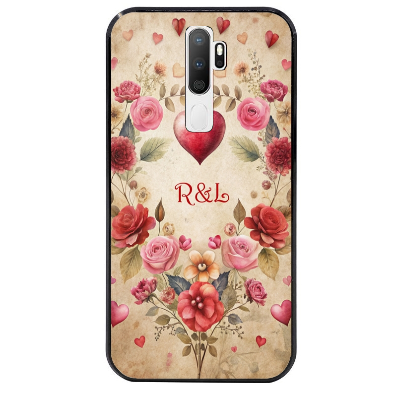 Coque noire taperso pour OPPO A5 A9 2020 avec motif coeur vintage et initiales personnalisee protection antichoc personnalisée