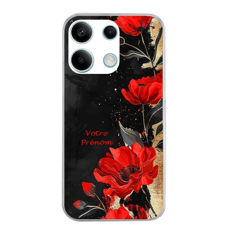 Coque taperso pour POCO X6 5G avec motif fleur rouge avec prenom protection antichoc personnalisée