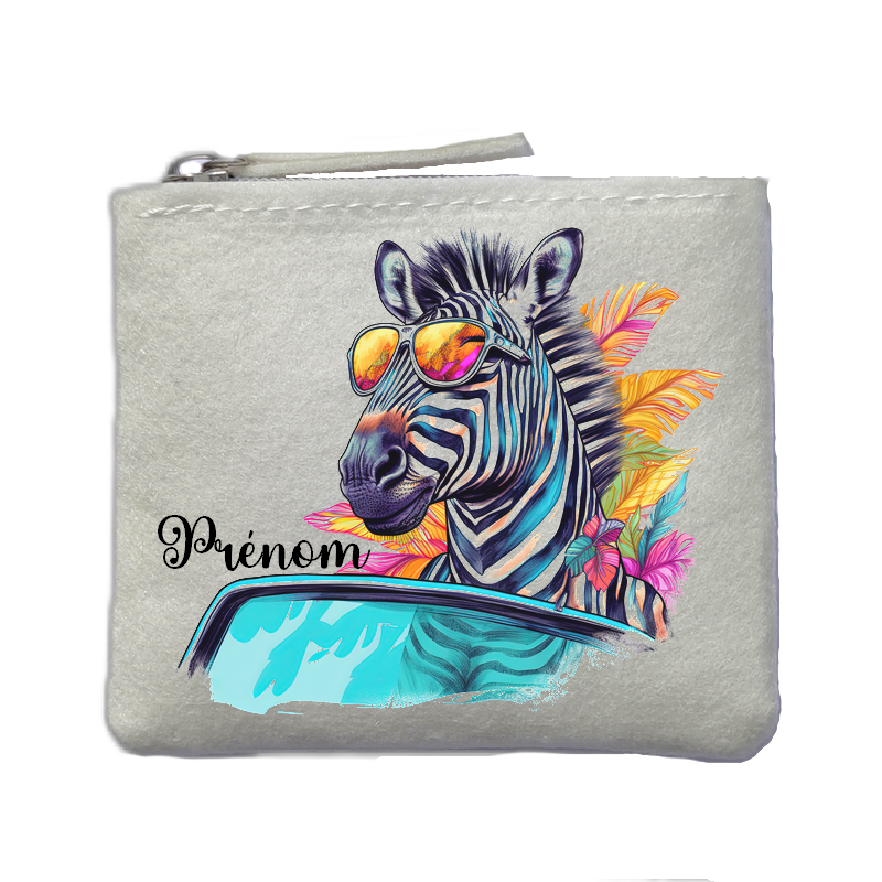 Porte monnaie personnalisé zèbre lunettes ivoire en feutrine en feutrine ivoire