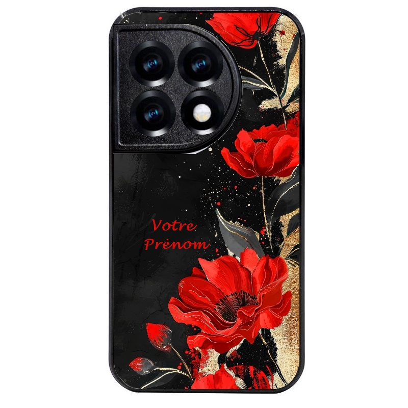 Coque noire taperso pour OnePlus 11 et 12 avec motif fleur rouge avec prenom protection antichoc personnalisée