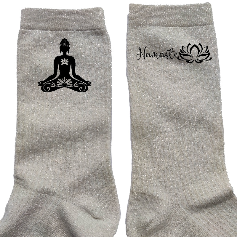 Chaussettes paillettes crème motif bouddha namaste
