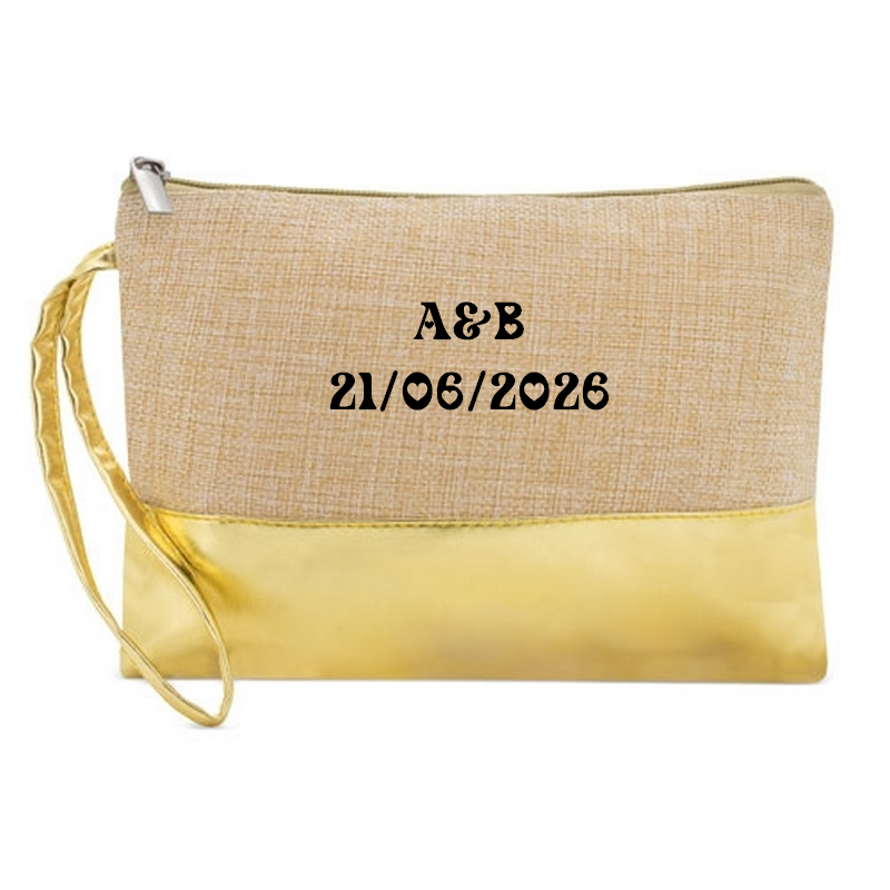 Pochette personnalisée initiales et date anniversaire et mariage  en jute et doré en jute et doré