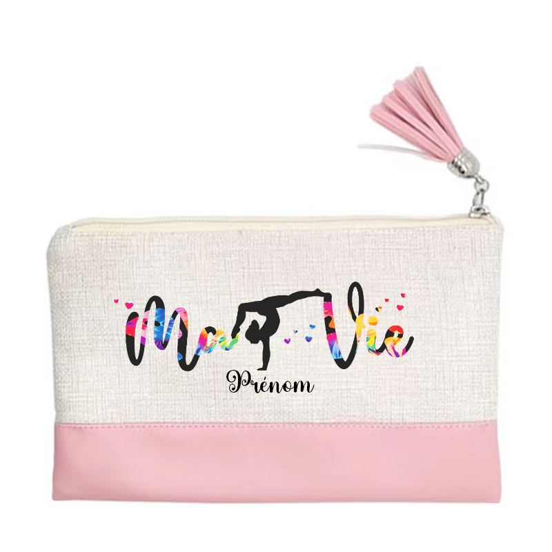 Pochette personnalisée de maquillage maniques Taperso argent avec motif gym ma vie en toile et simili cuir personnalisée