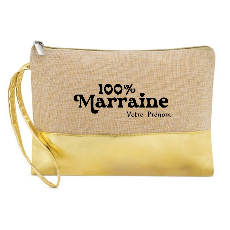 Pochette personnalisée 100% marraine en jute et doré en jute et doré