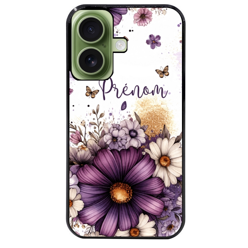 Coque noire taperso pour Iphone 17 17E AIR MAX PRO avec motif fleur violette personnalisee protection antichoc personnalisée