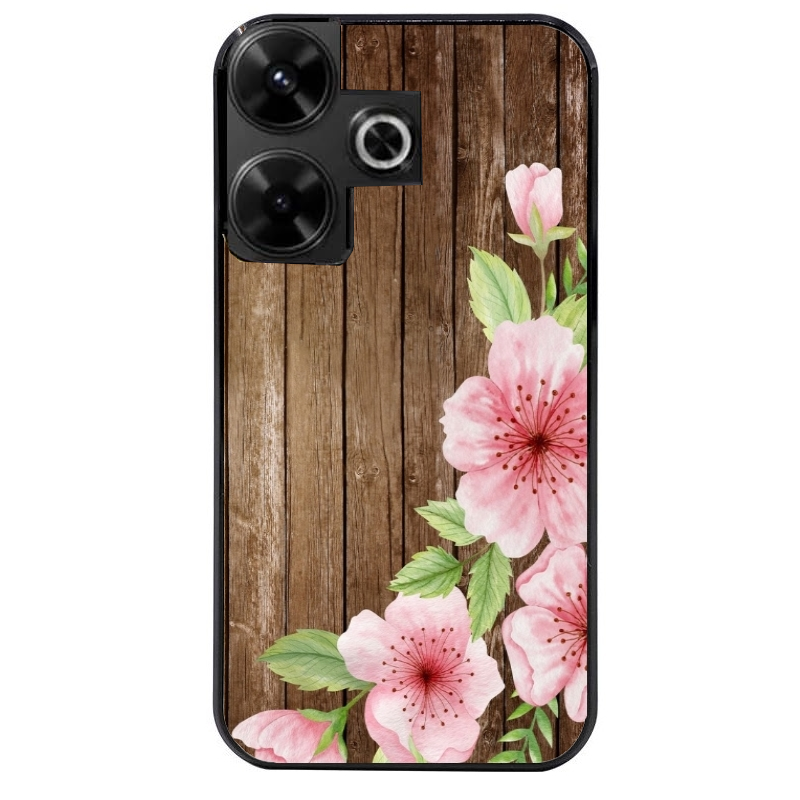 Coque noire taperso pour POCO M6 4G avec motif bois avec fleur rose protection antichoc personnalisée