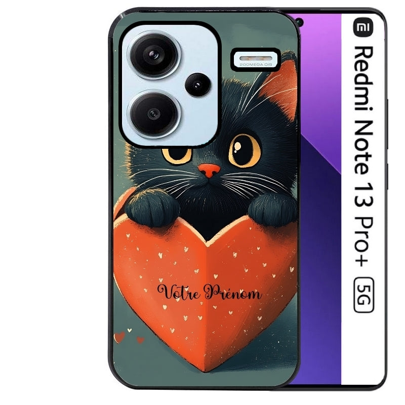 Coque noire taperso pour Redmi Note 13 PRO PLUS 5G avec motif chat et coeur avec prenom protection antichoc personnalisée