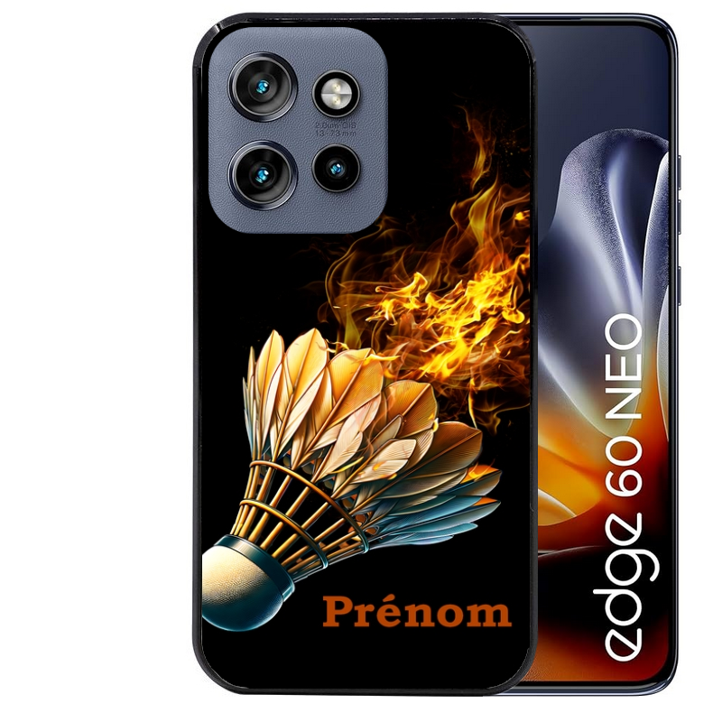 Coque noire taperso pour Moto Edge 60 et Neo Fusion Pro avec motif badminton flamme personnalise protection antichoc personnalisée