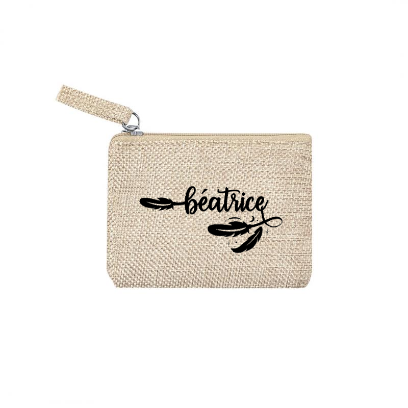 Pochette personnalisée prénom plumes en jute et doré en jute et doré