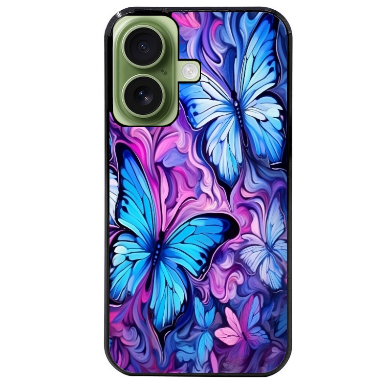 Coque noire taperso pour Iphone 16 16E PLUS MAX PRO avec motif papillon violet uv protection antichoc personnalisée