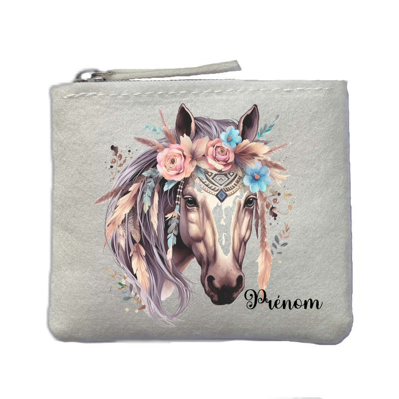 Porte monnaie personnalisé cheval boho ivoire en feutrine en feutrine ivoire