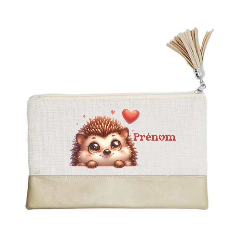 Pochette personnalisée motif herisson cœur en toile et simili cuir personnalisée