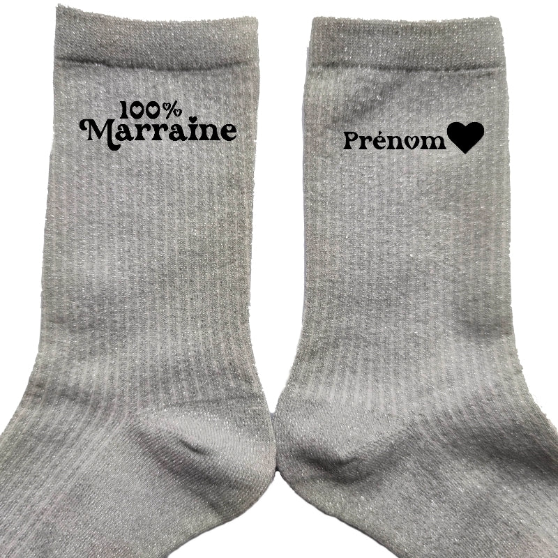 Chaussettes personnalisée paillettes argent motif marraine 100%