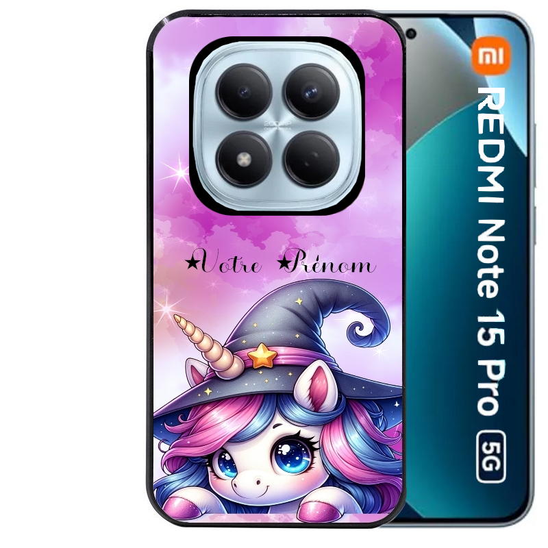 Coque noire taperso pour Redmi Note 15 et PRO PLUS 4G 5G avec motif licorne magic avec prenom protection antichoc personnalisée