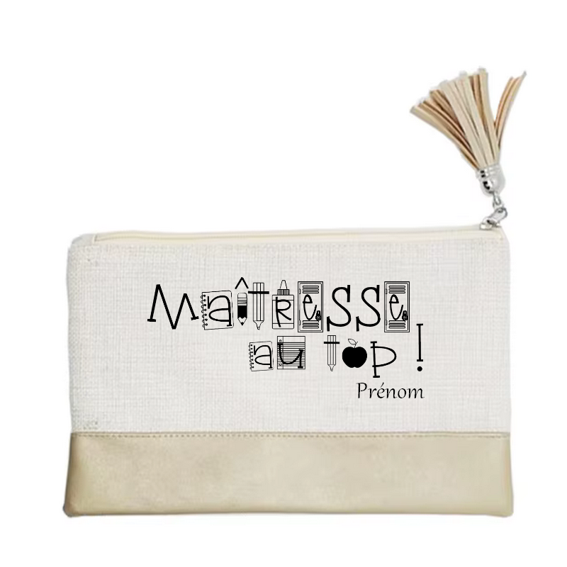 Pochette personnalisée motif maitresse au top en toile et simili cuir personnalisée