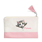 Pochette personnalisée motif chat zip en toile et simili cuir personnalisée