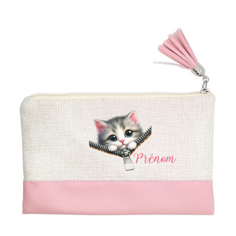 Pochette personnalisée motif chat zip en toile et simili cuir personnalisée