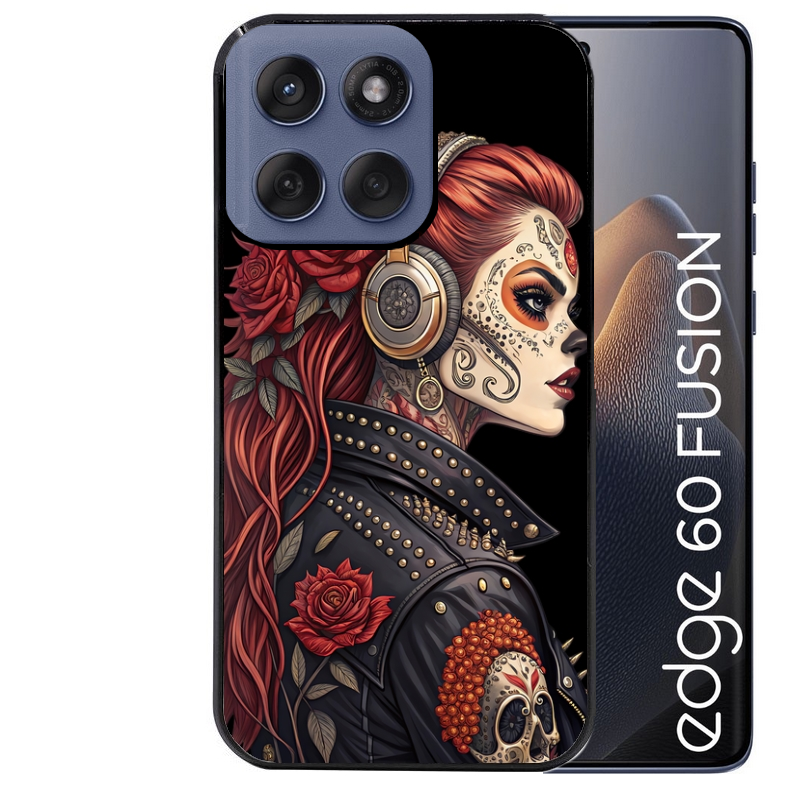 Coque noire taperso pour Moto Edge 60 et Neo Fusion Pro avec motif tete de mort rock protection antichoc personnalisée
