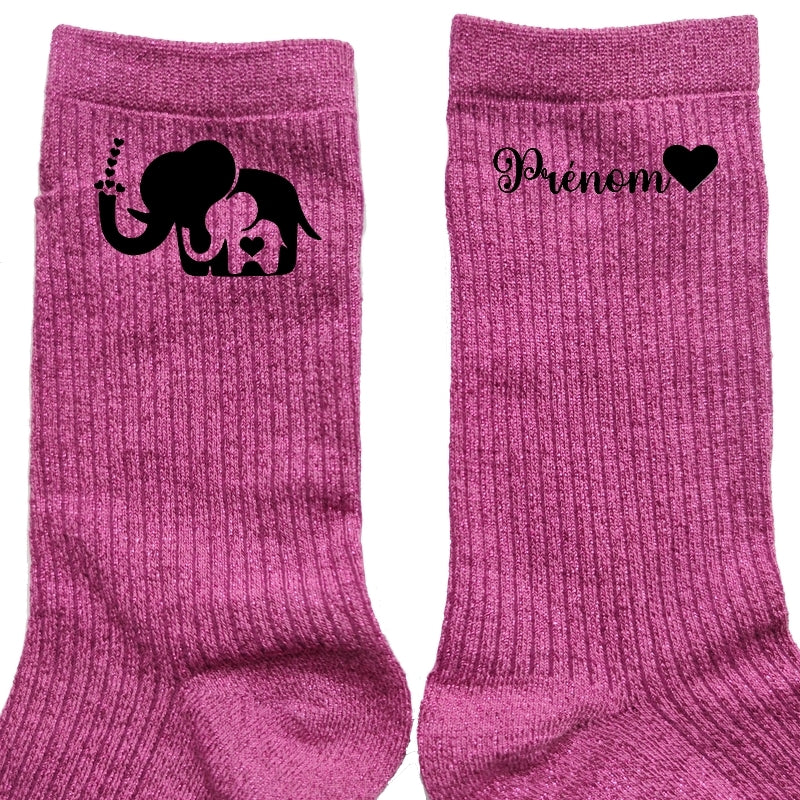 Chaussettes personnalisées paillettes rose motif éléphant maman