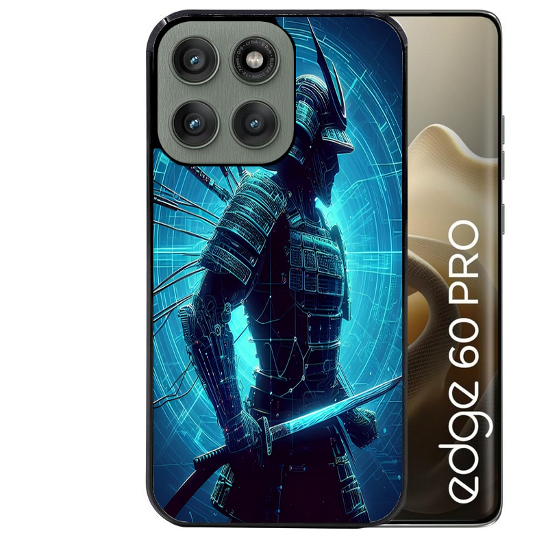 Coque noire taperso pour Moto Edge 60 et Neo Fusion Pro avec motif samourai bleu protection antichoc personnalisée
