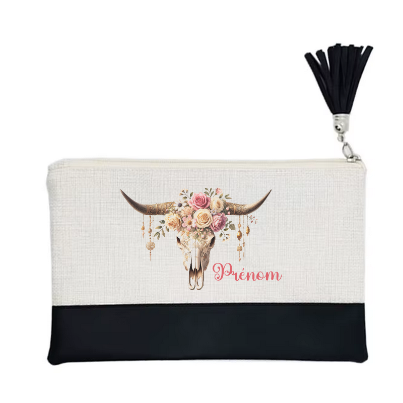 Pochette personnalisée motif skull bull fleur en toile et simili cuir personnalisée