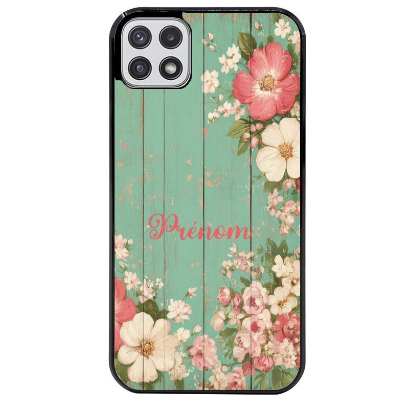 Coque noire taperso pour galaxy A22 A32 A52 A52S 4G 5G  avec motif bois et fleur avec votre prenom protection antichoc personnalisée